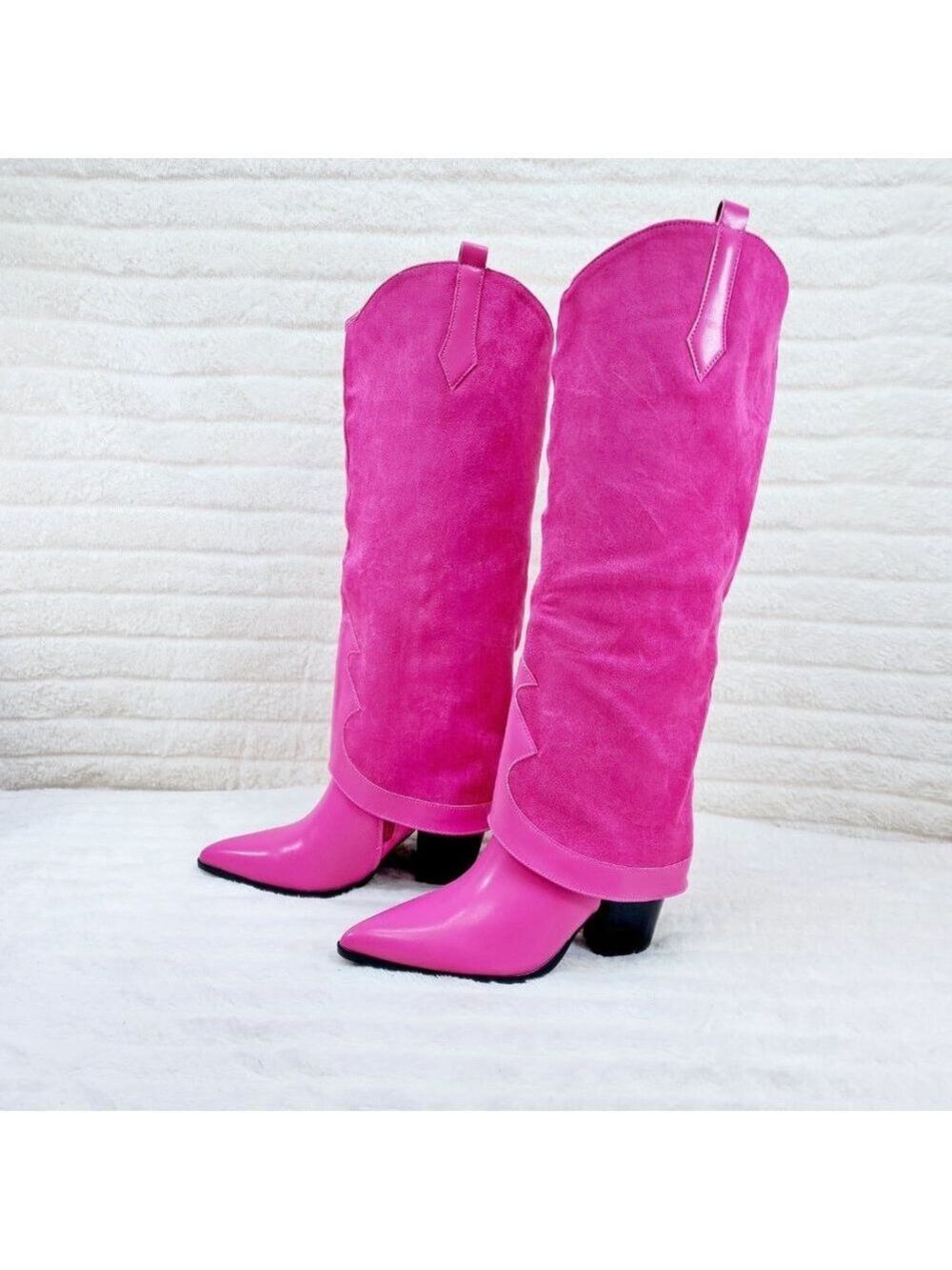 Branded Fuchsia Pink Skirted Fold Over Western Shark Knee High Cowgirl Boots - Picture 5 of 11